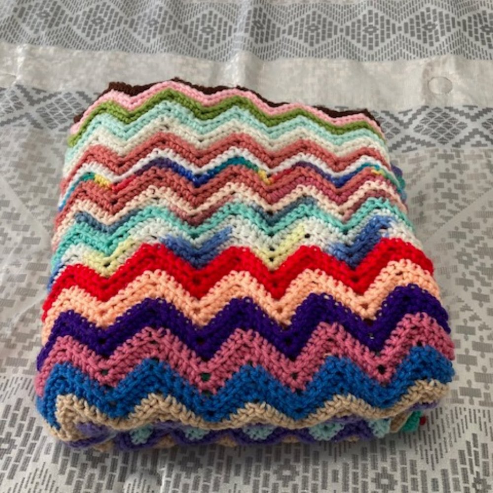 Handmade crochet  Afghan/Blanket Zig Zag Multi-Colored Pattern.   60x60